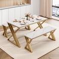 thumbnail image 1 of QinaQin Juego de comedor de 3 piezas para 4 personas con 2 bancas, estructura metálica y cubierta tipo madera, ideal para comedor o espacios pequeños, 1 of 7