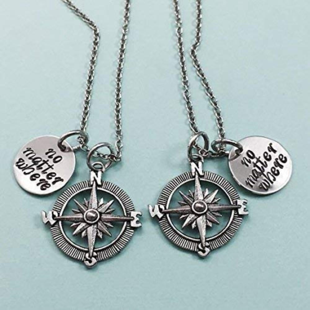 compass charm, bff necklace, sister 