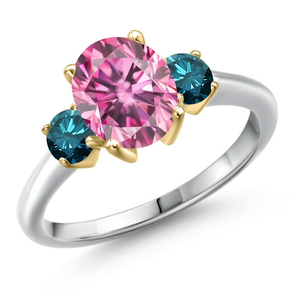 Gem Stone King 10K Two Tone Gold Pink Moissanite and Blue Diamond Engagement Ring for Women | 2.54 Cttw | Oval 9X7MM | Gemstone Birthstone | Size 7