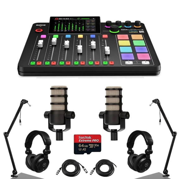 Rode RODECaster Pro II Integrated Audio Production Studio Console Bundle with 2x PodMic Microphone, 2x TAPH500 Headphones, 2x Broadcast Arm, 2x M to F XLR Cable, 32BG microSD Card