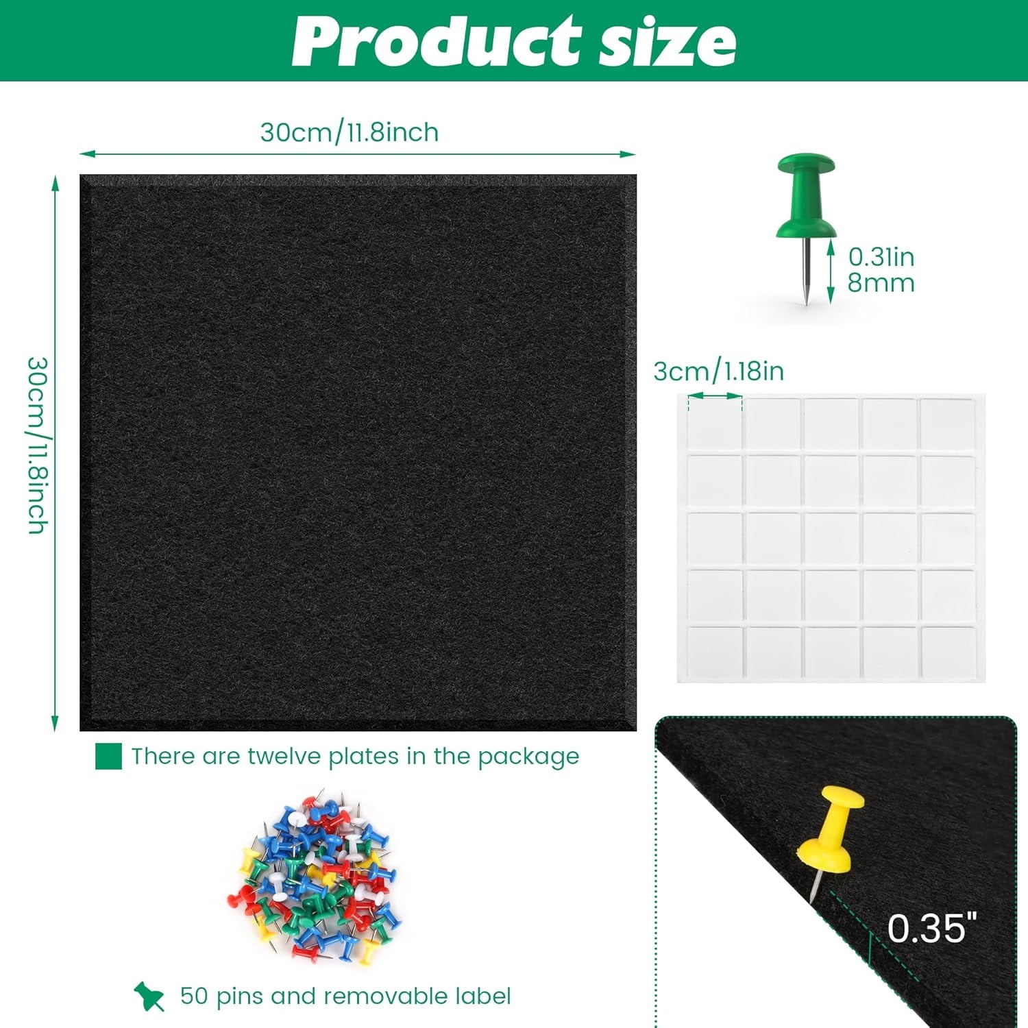 Topboutique Large Cork Board 12 Pack Felt Wall Tiles Black Bulletin Board with Self-Adhesive Stickers&Pushpins Square Pin Board for Office Home Walls-Black,12" x 12"