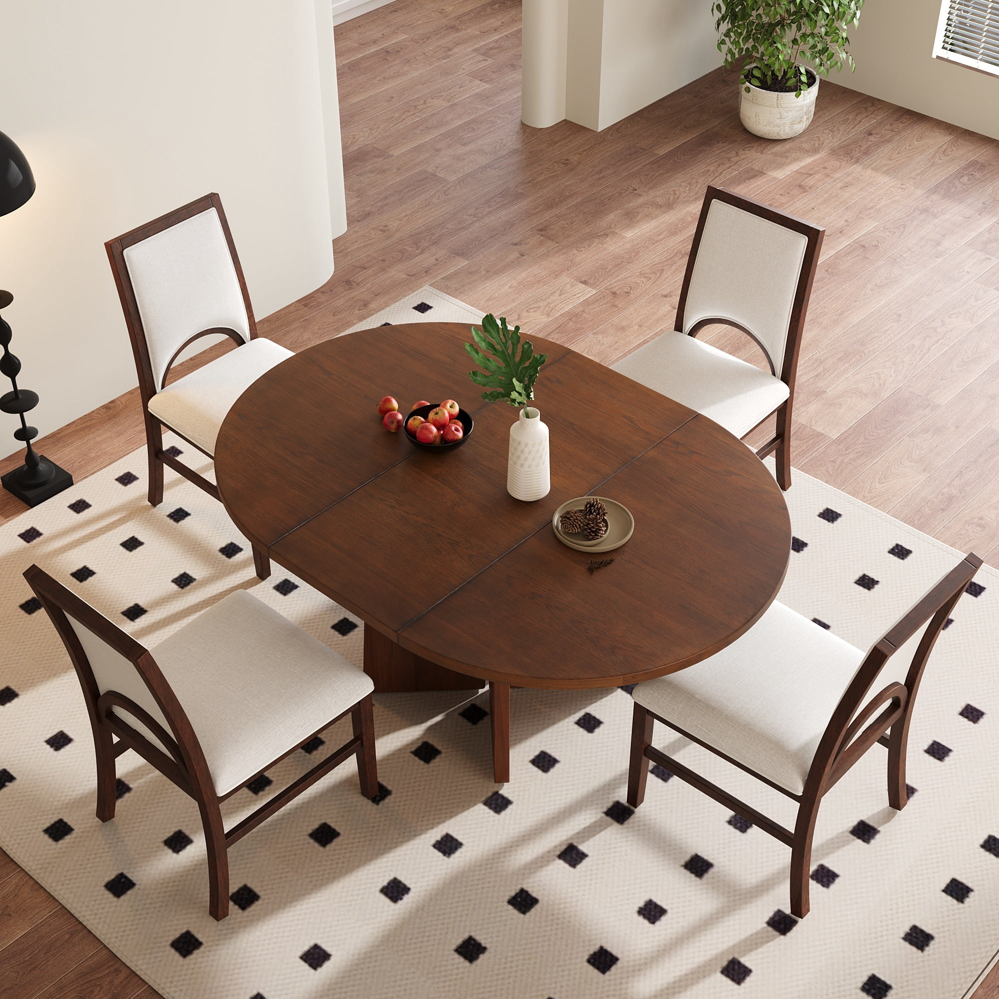 Euroco 5 Piece Wood Round Dining Table Set for 4, 41.3"-57.3" Extendable Kitchen Table Set with 4 Upholstered Chairs & Removable Leaf for Kitchen,Dining Room,Brown