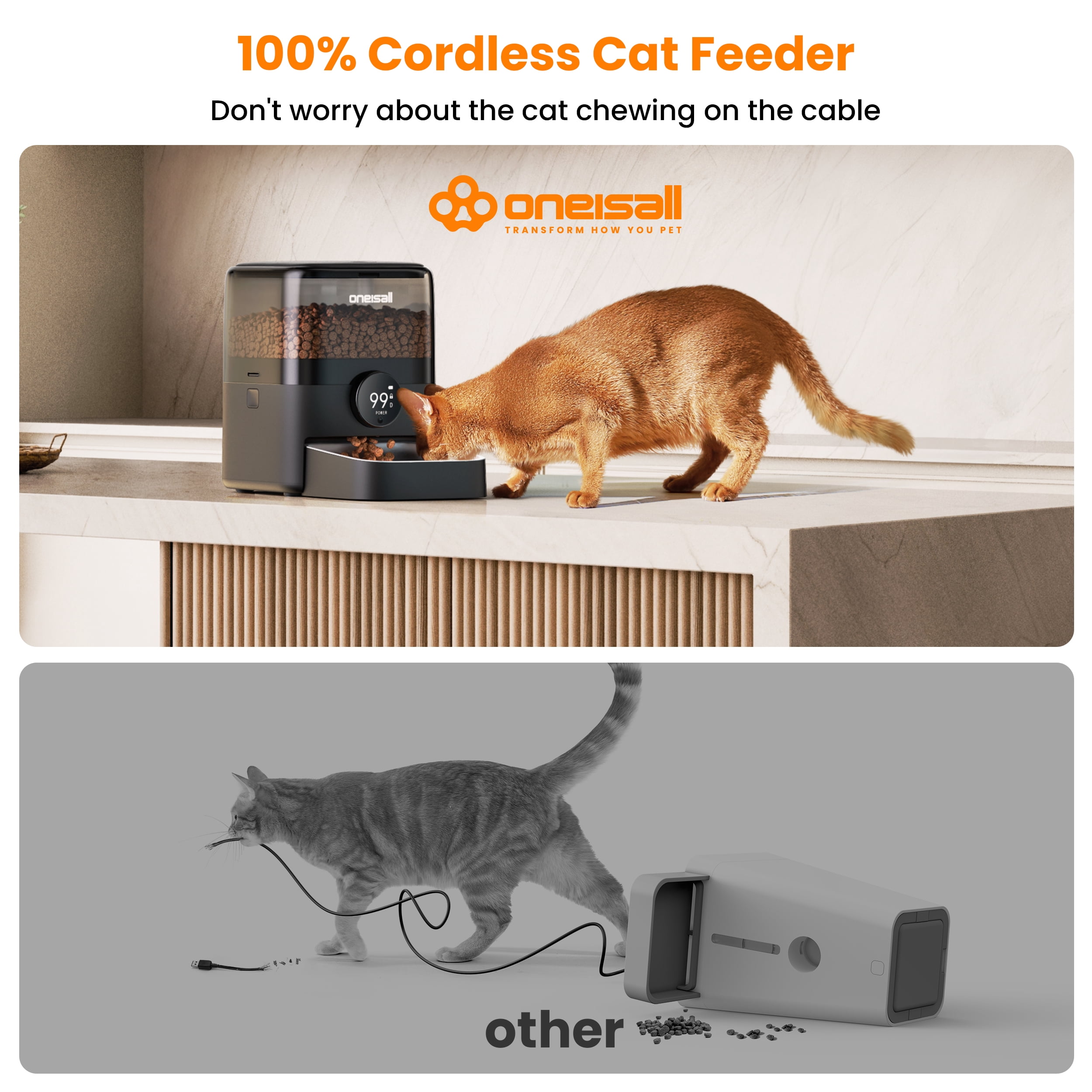 Oneisall PF06 Wireless Automatic Cat Feeder, 12 Cups/3L WiFi Timed Cat Feeder, 100 Day Extended Runtime Pet Feeder, Automatic Cat Food Dispenser for Large Kibble, Smart App Control, Black