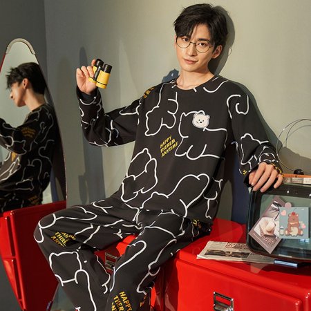 

PIKADINGNIS Mens Pajama Sets Autumn Winter Warm Men Sleepwear Long Sleeve Cotton Pajamas for Men Elastic Waist Pant Leisure Homewear