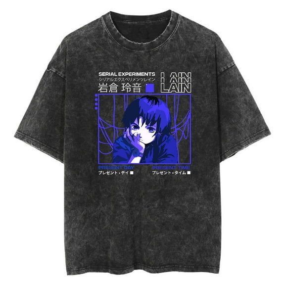Anime Serial Experiments Lain Washed Vintage T-Shirt Merch Casual Short Sleeved T Shirt Unisex TShirt