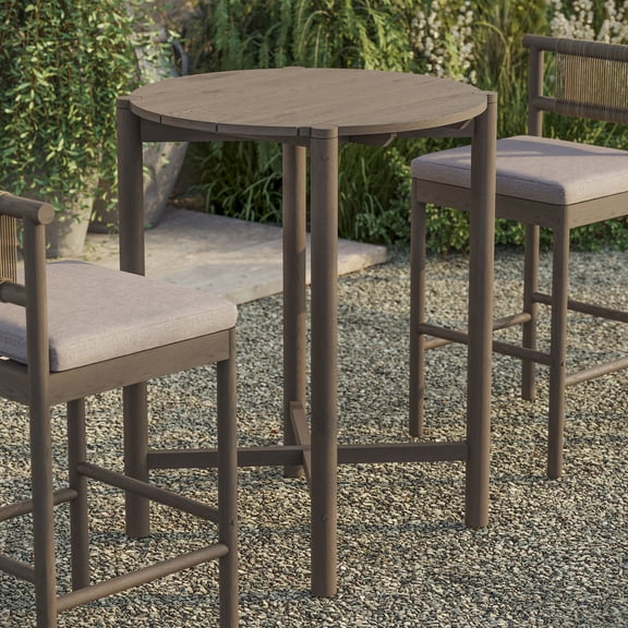 Modway Eleni Round 35 Inch Outdoor Teak Wood Round Bar Table in Weathered