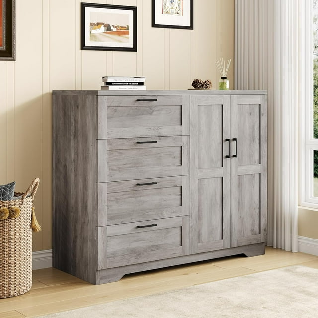 Royalbelle Armoire Garde-Robe Grise de 43,3 Po H avec 4 Tiroirs et 2 Portes
