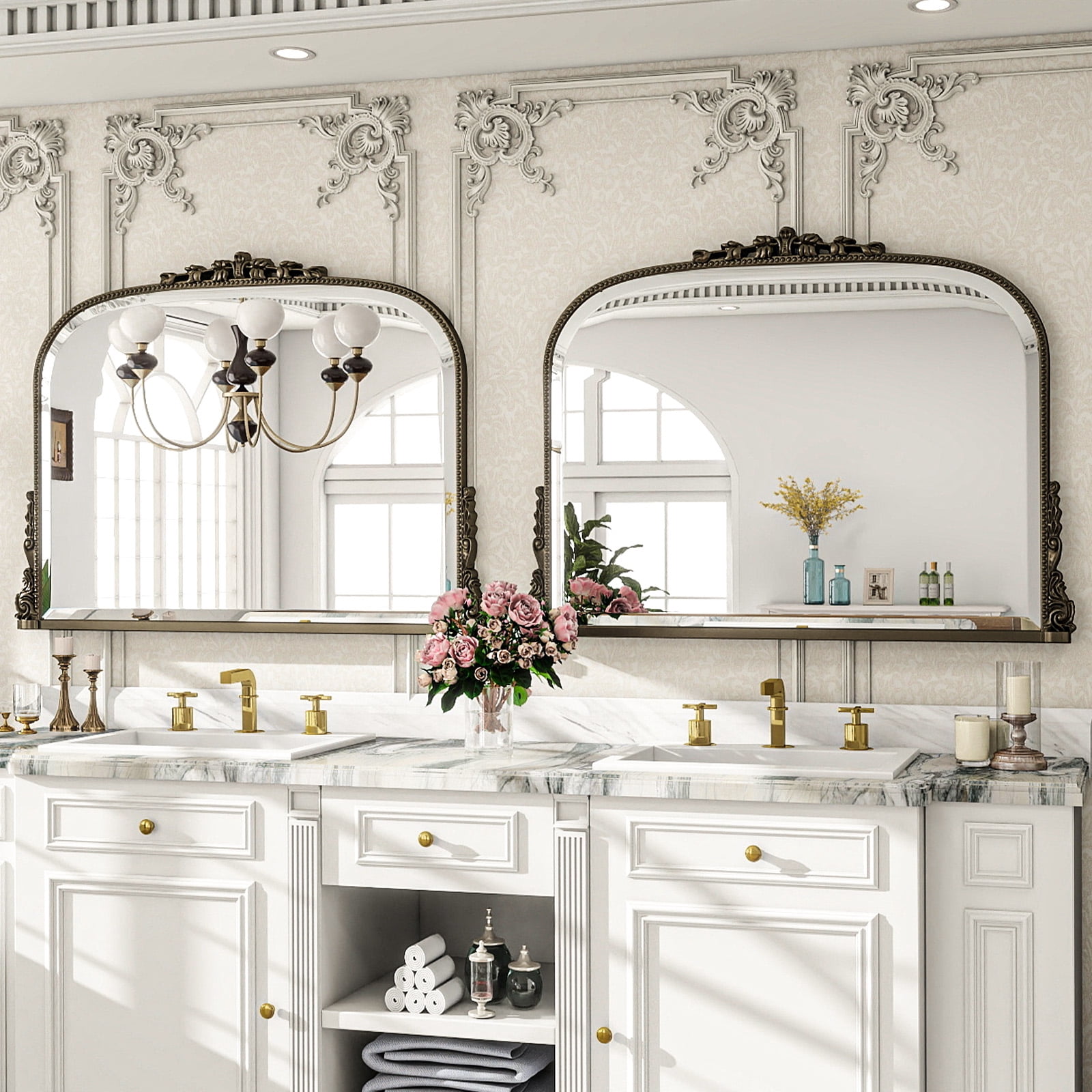 Lumora 44"x32" Vintage Bathroom Mirror Wall Mounted Arched Antique Mirror, Antique Bronze