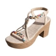 thumbnail image 5 of Rokment Womens Platform Slingback Dress Sandals 2026 Beach Summer Boho Braided Gemstones Chunky Block High Heel Linen Sandals Beige Size 5, 5 of 6