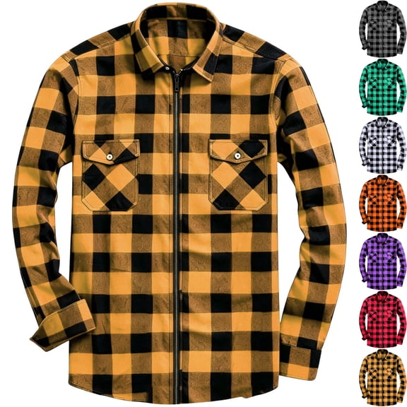 Men's Casual Plaid Shacket Zip Up Shirt Jacket Fall Overshirt Warm Flannel Coat with Chest Pockets for Daily Wear Travel Outerwear, Yellow, XL