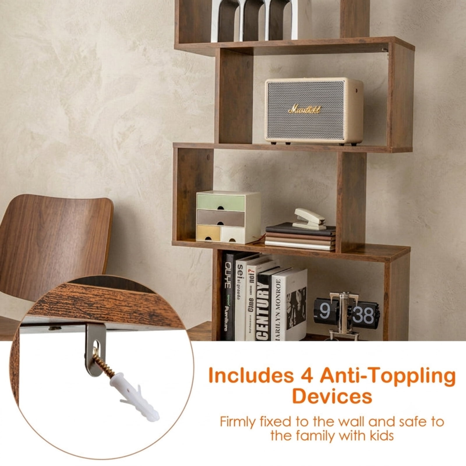 Furnibear 6-Tier S-Shaped Freestanding Bookshelf with 5 Open Shelves and Closed Cabinet Tall Wood Storage for Bedroom and Office, Coffee