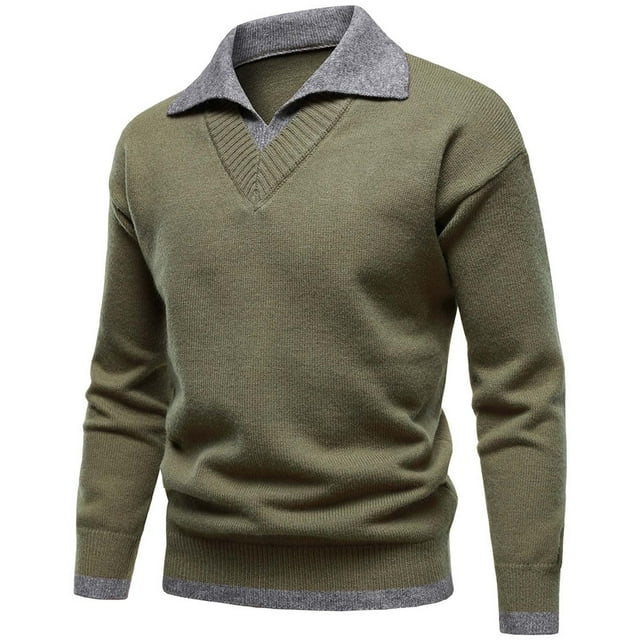 Yaoyar Men's Fashion Color Blocked Fake Two Piece Long Sleeve Collar Elastic Tight Set Knitted Sweater