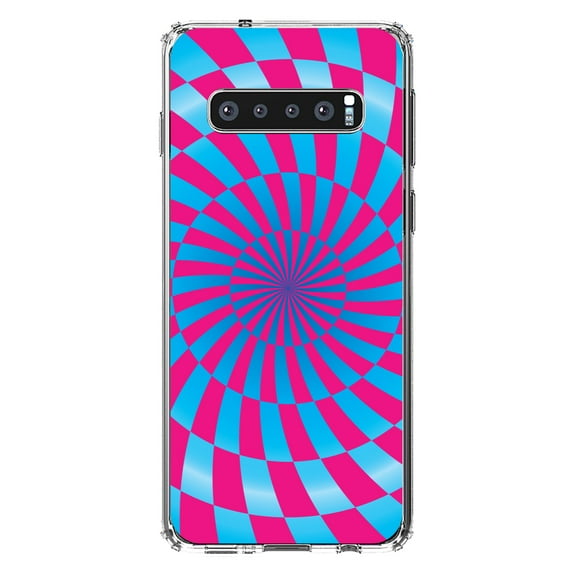 DistinctInk Clear Shockproof Hybrid Case for Samsung Galaxy S10  PLUS(6.4" Screen) - TPU Bumper, Acrylic Back, Tempered Glass Screen Protector - Blue Pink Swirl Geometric