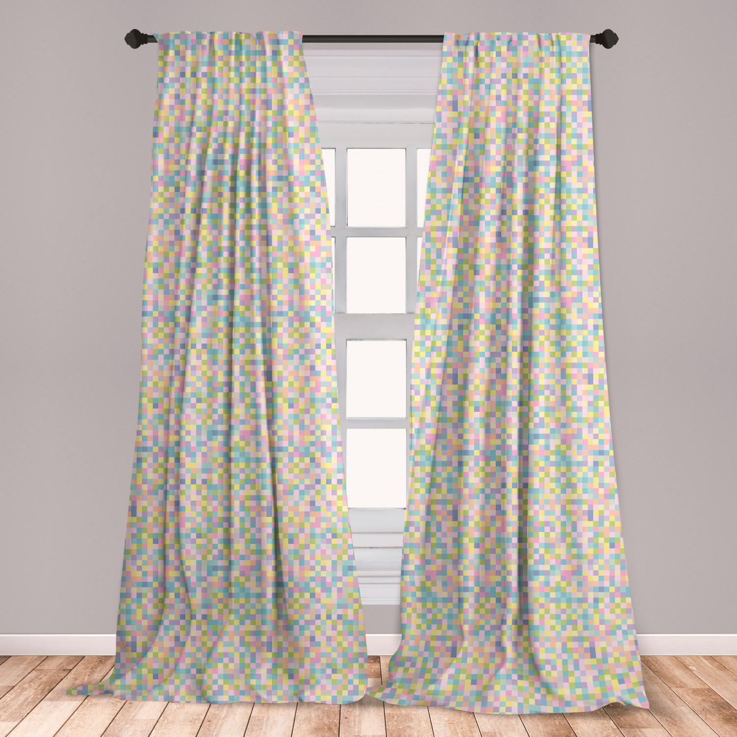 Pastel Curtains 2 Panels Set, Colorful Squares Pattern Checkered Mosaic