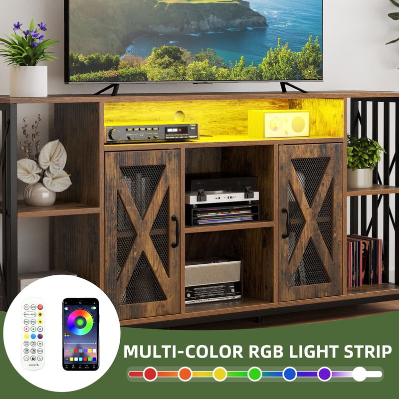 Uforic LED TV Stand for 70/65 Inch TV, Large Media Console Cabinet with Power Outlets, Rustic Brown