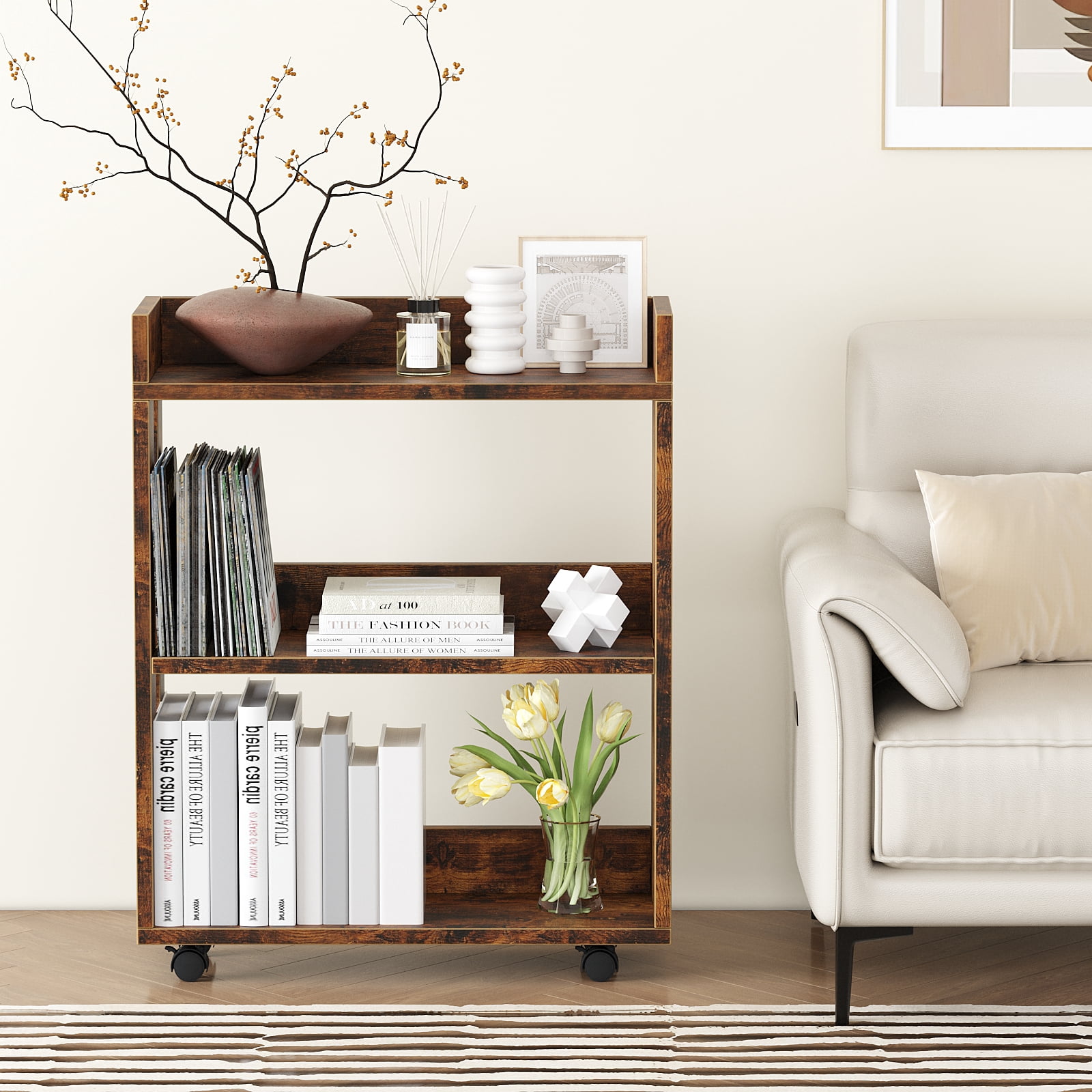 ALISENED 3 Tier Bookshelf and Bookcase with Wheels, Wood Small Nightstand, End Table Storage Rack