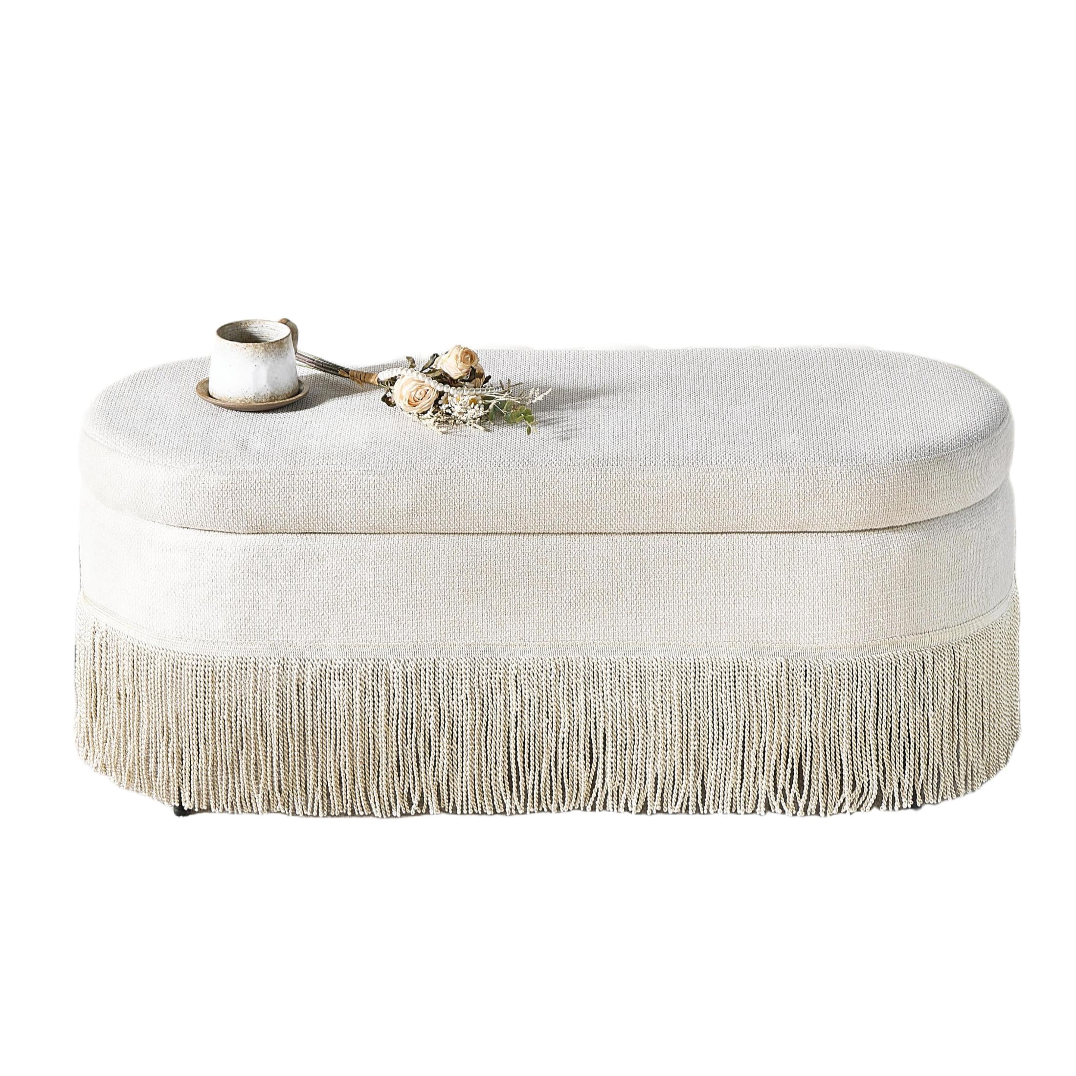Noble House Ciara 39" Oval Upholstered Storage Ottoman, Lift Top Bench with Boho Fringe Trim, Multi-Functional Footrest, Beige