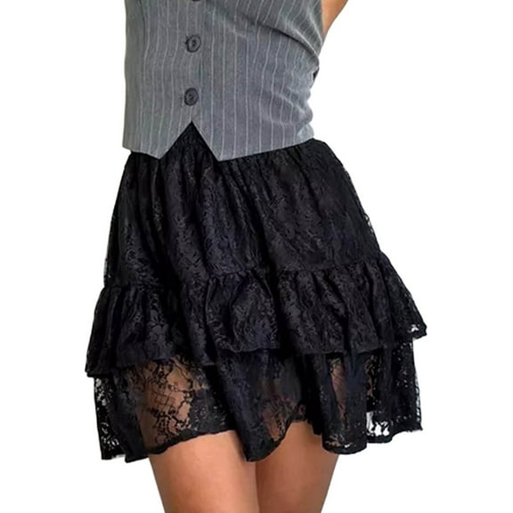 Women'S Mini Skirt Lace High Waisted Ruffle Short Skirts Black L