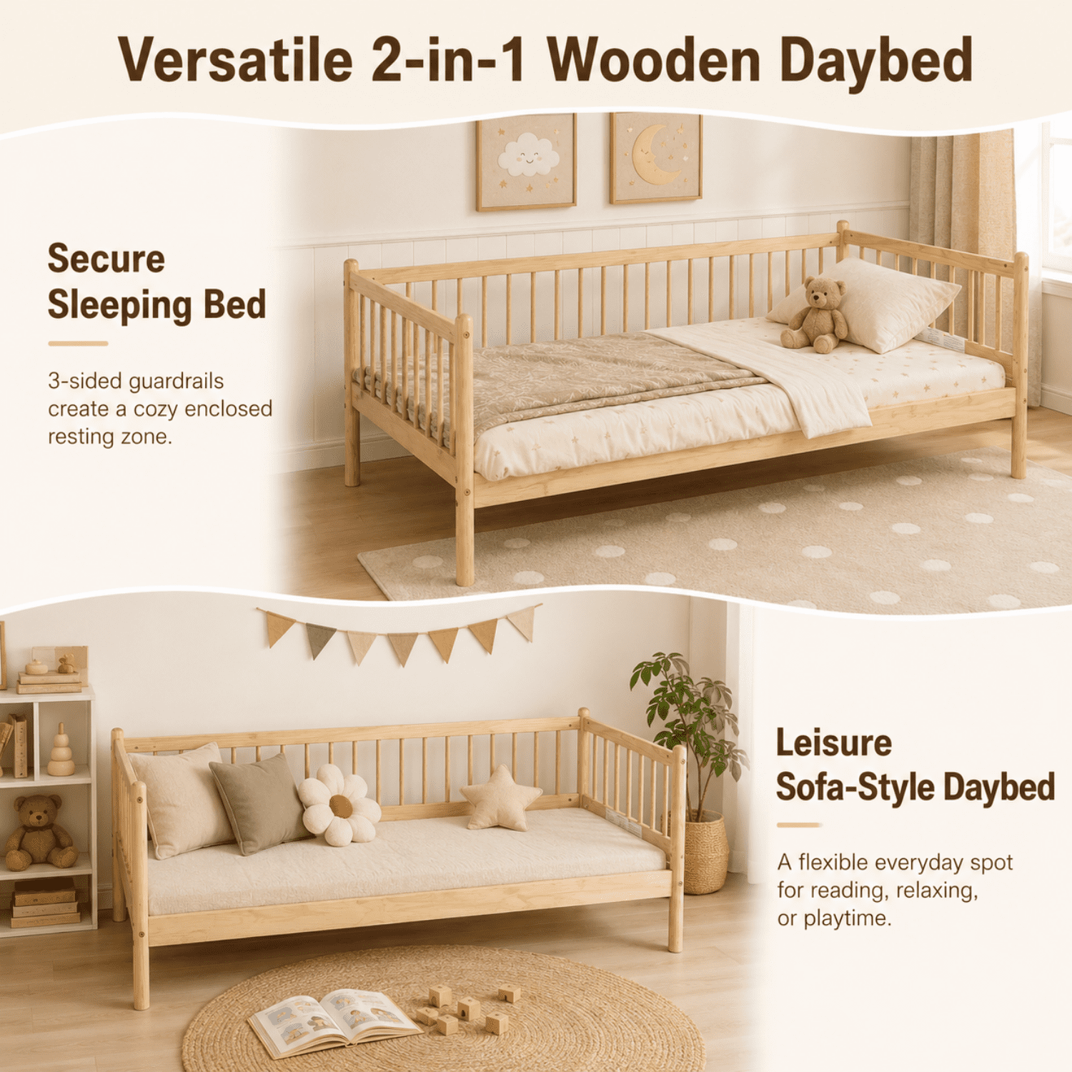 Miniyam Twin Wooden Daybed with Spindle Guardrails, Solid Pine Wood Bed Frame, Natural