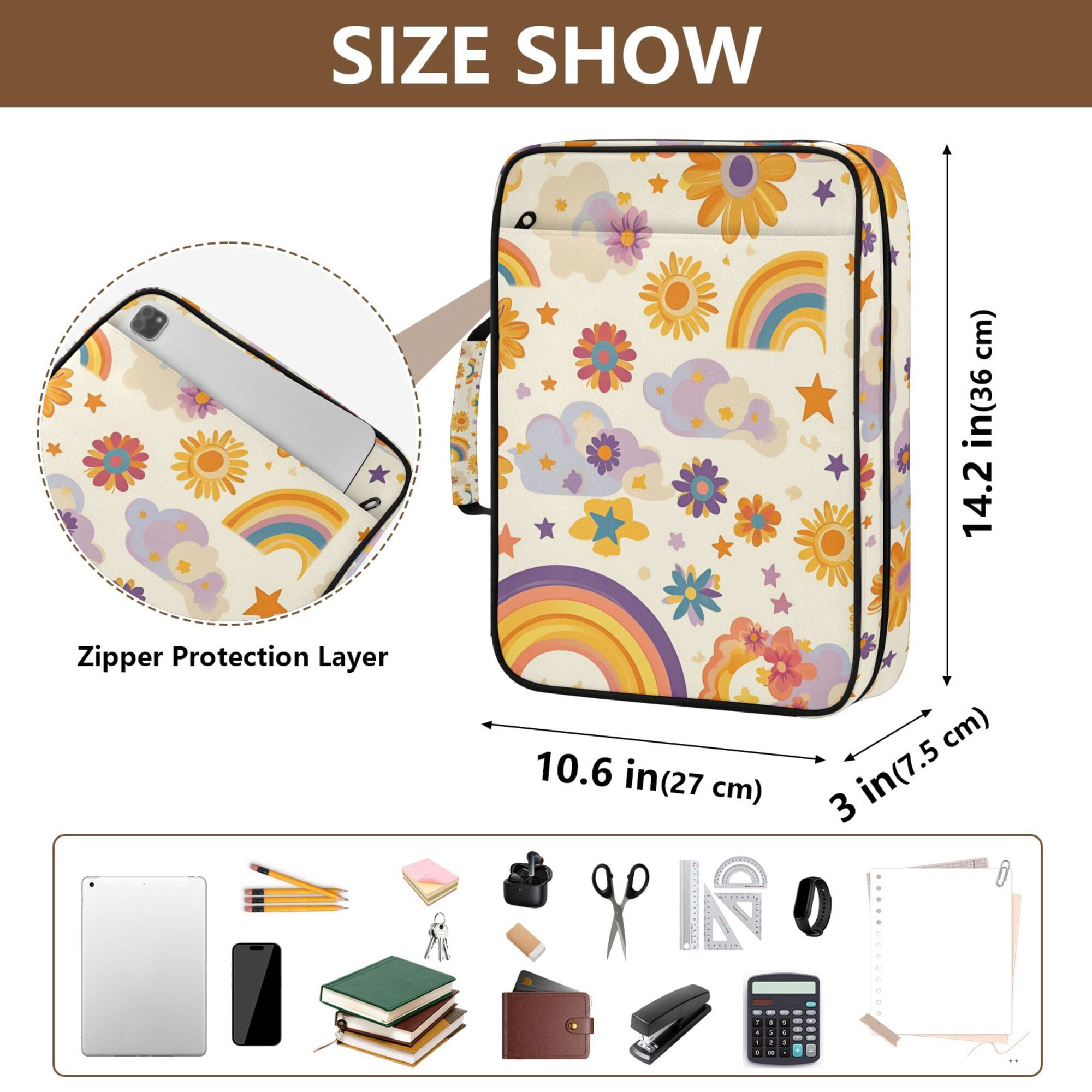FORMRS Accordion File Folder A4 Size 7-Pocket Expanding Document Organizer Bag with 3 Ring Binder, Beige Retro Rainbow