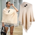 thumbnail image 3 of JUNTEX Women Knitted Pullover Sweater Top Half Opened Collar Buttons Warm Shawl Wrap Fringe Tassels Hem Solid Color Poncho Cape Cloak, 3 of 19