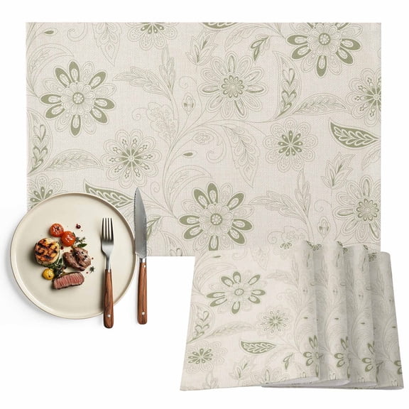 Placemats Set of 4, Sage Green Paisley Pattern Place Mats Boho Tribal Vintage Flowers Tablemats Washable Placemat Table Decoration for Kitchen Table Dinner Party Home Decor Indoor Outdoor 13x19 Inch