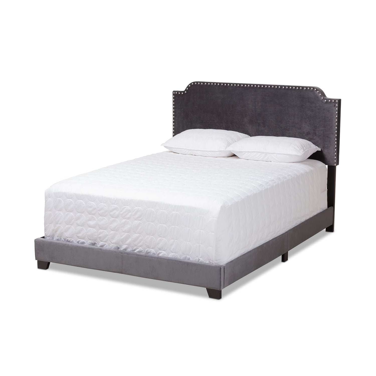 Luxury Velvet Queen Bed - Nailhead Trim Upholstered Bed Frame - Grey Bedroom Furniture