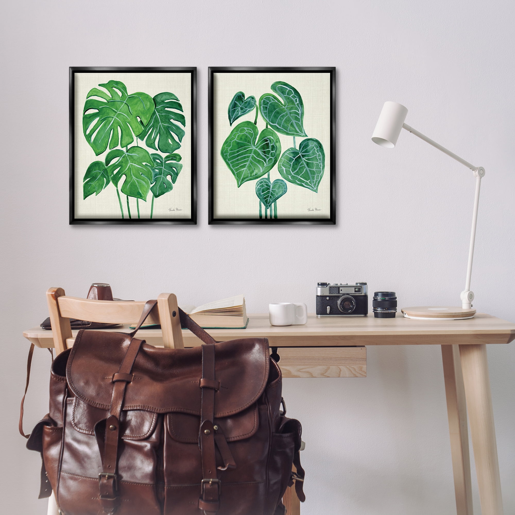 Stupell Industries Thriving Detailed Monstera Leaves Plants & Flowers Painting Black Floater Framed Canvas Art Print Wall Art, 17 x 21, Set of 2