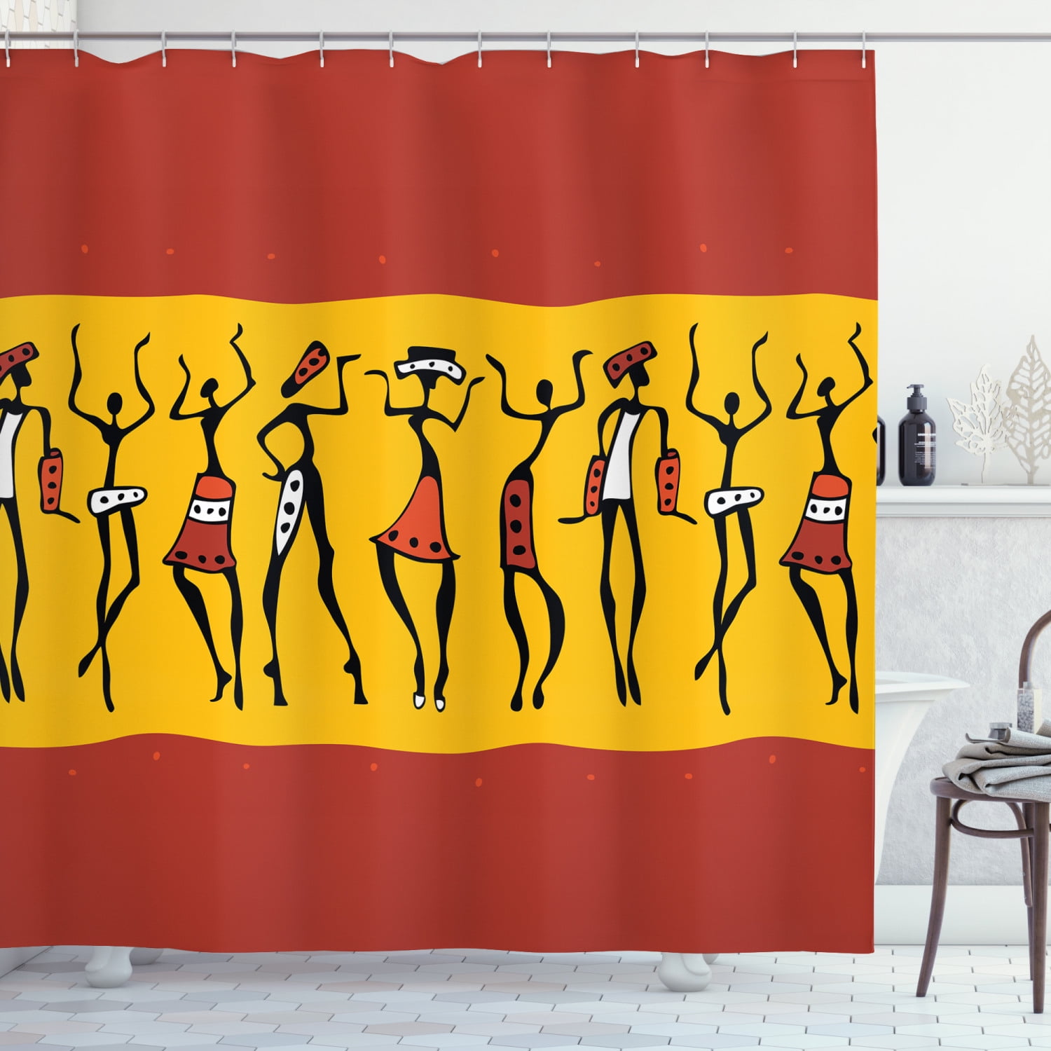 African Shower Curtain, Dancing Figures Abstract Tribal Ancient Wall