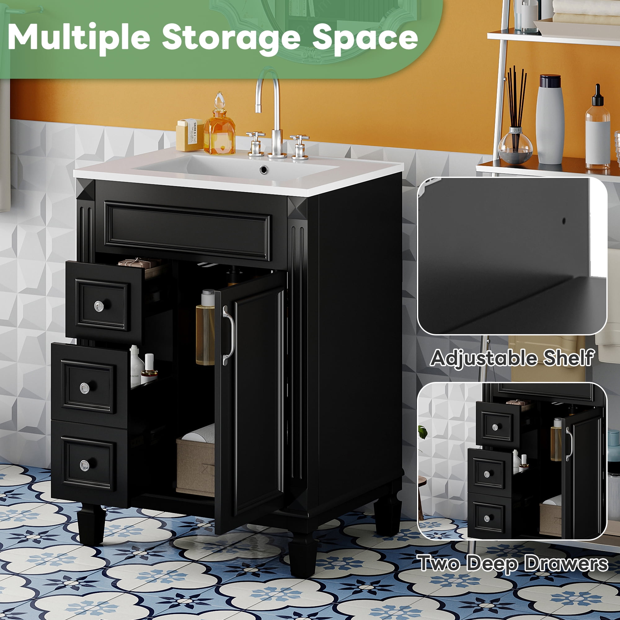 Euroco 24" Bathroom Vanity with Ceramic Sink, Small Bathroom Sink Cabinet, Modern Cabinet with 2 Drawers and Adjustable Shelf