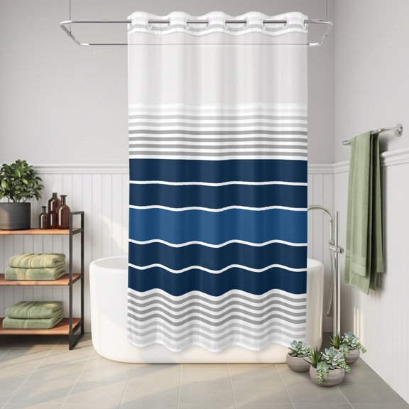 No Hook Shower Curtain Blue Gray Stripes Waterproof Fabric Shower Curtain Nautical Coastal Hotel Style Bathroom Curtain with See Through Top Window Machine Washable 36x72in