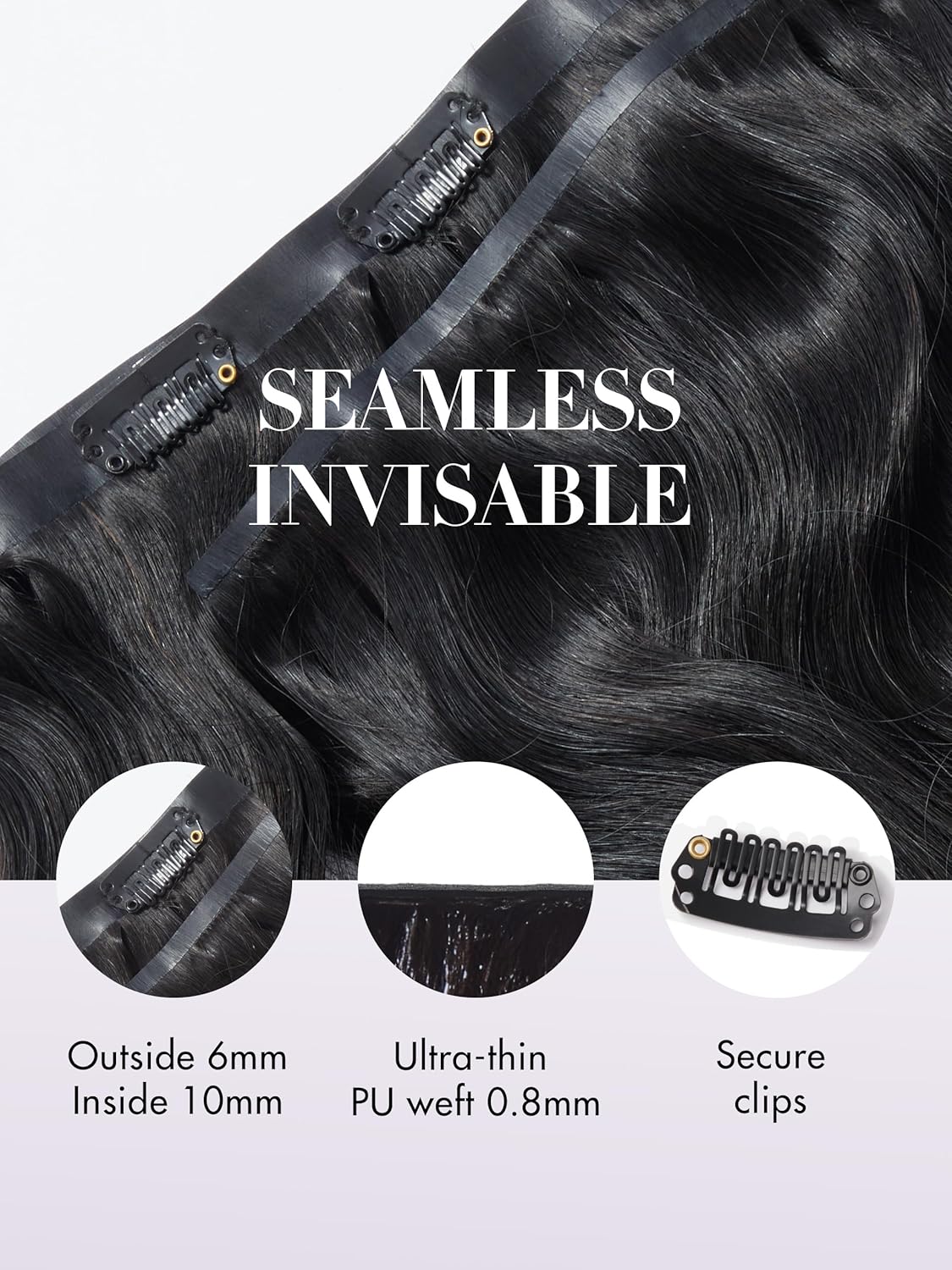 LUVME Clip in Hair Extensions 14" Real Human Hair Natural Black for Women on Thick Body Wavy Extensions