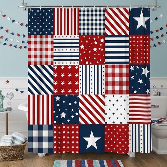 JAWO 4th of July Shower Curtain, Independence Day Red Blue Plaid Star Line Patriotic Bathroom Curtains Decor, USA 250th Anniversary Waterproof Fabric Shower Curtain Set with Hooks