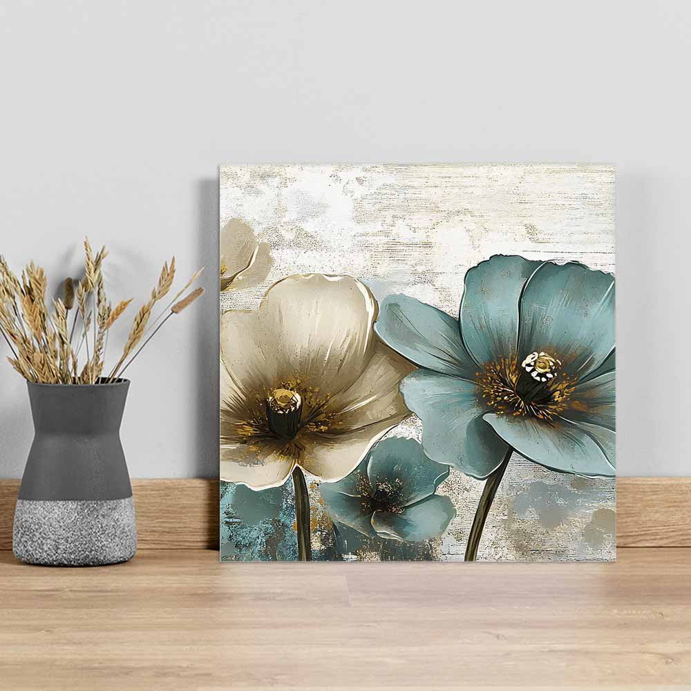 Retro Beige Teal Flowers Canvas Wall Art, Vintage Background Pastoral Style Framed Wall Decor Modern Artwork Prints Painting for Living Room, Bedroom, Kitchen & Cafe Decor 16x16 Inch