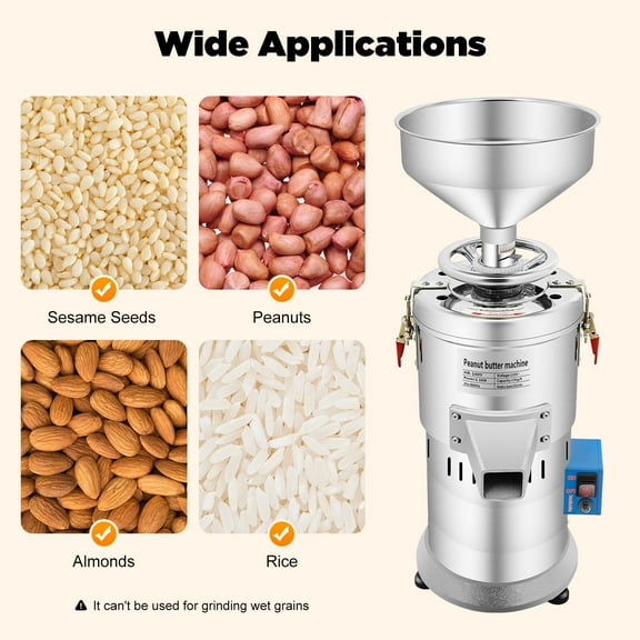 110V 1100W Silver Electric Peanut Butter Machine Grain Grinder Stainless Steel  HR-100Y Capacity 33 lbs/h for Home or Commercial Use