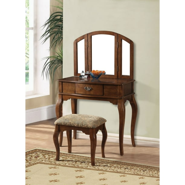 Wooden Vanity Desk with 1 Drawer & Stool, Oak Brown