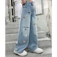 thumbnail image 6 of LIJCC Kids Girls Wide Leg Jeans Elastic Waist Straight Leg Trousers Cute Embroidered Y2K Streetwear Denim Pants Casual Loose High Elastic Waisted Trousers, 6 of 7