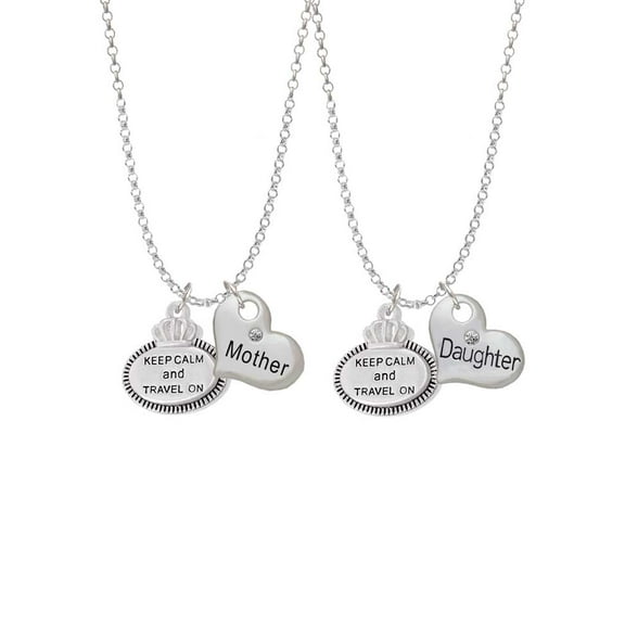 Delight Jewelry Silvertone Keep Calm and Travel On Mother & Daughter Heart Necklaces (Set of 2), 19" 2"