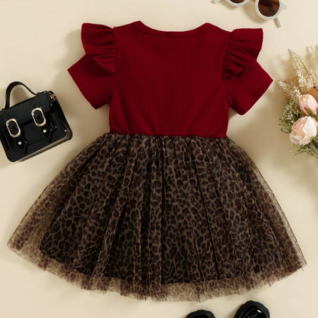 

NECHOLOGY Toddler Girls Short Sleeve Leopard Prints Tulle Ribbed Bowknot Princess Dress Flower Girls Dresses Dress Red 3-4 Years