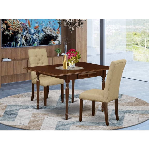 Kitchen Table Set with 2 Chairs - Drop Leaf Dining Table & Parsons Chairs - Linen Fabric Seat - Mahogany Finish
