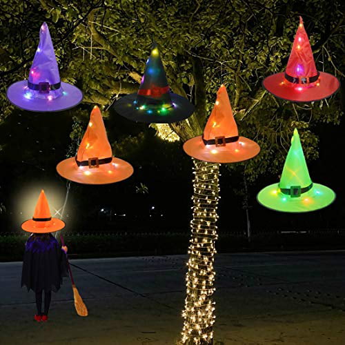 Garden Yard Lighted Glowing Hanging Witch Hats for Outdoor Indoor Sixome 6 Pcs Halloween Witch Hats String Lights with Battery Operated Tree Halloween Decorations Party Cosplay