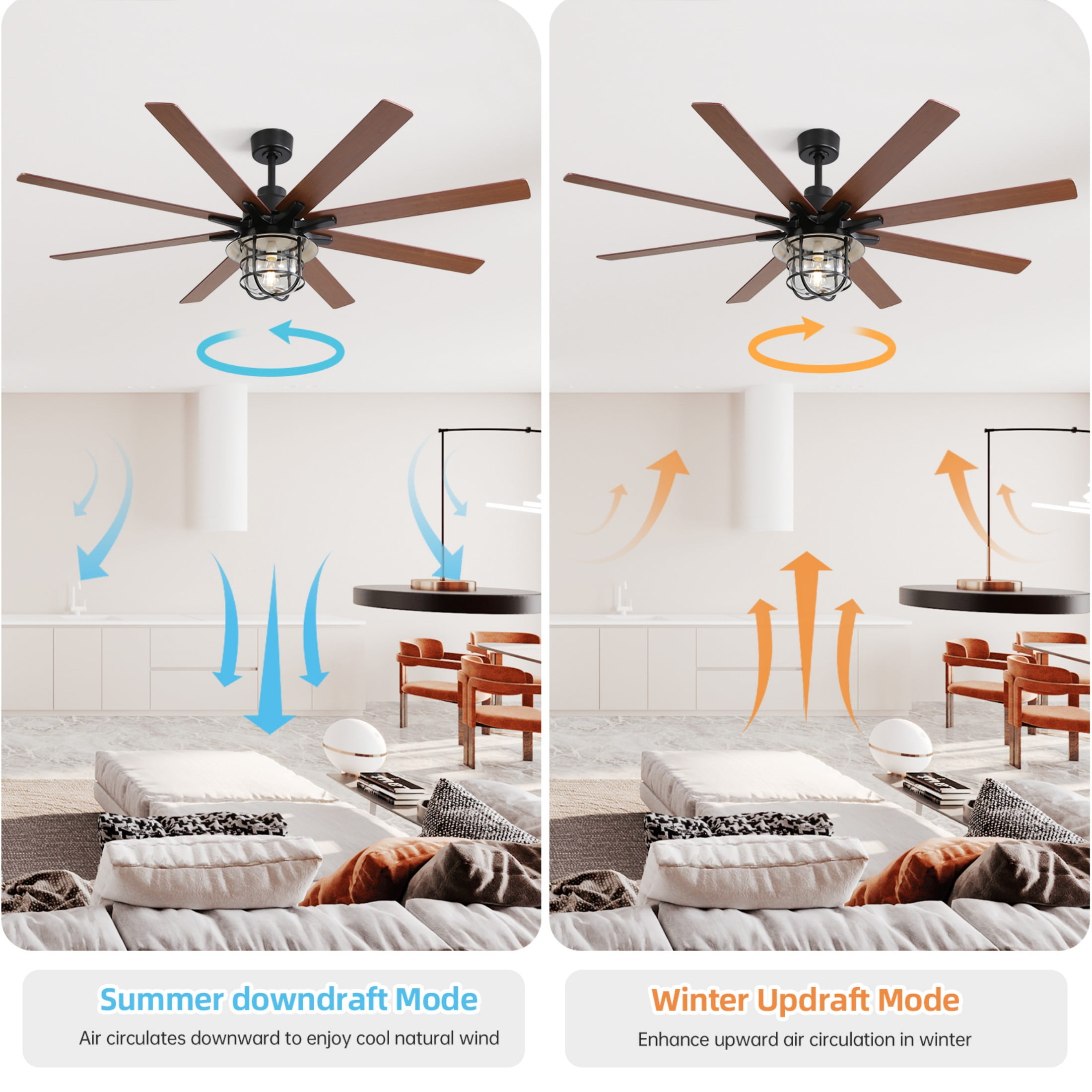 Sofucor 60 Inch Farmhouse Ceiling Fan with Light and Remote Control, 8 Blade Modern Low Profile Fan with 3 Downrod for Outdoor Indoor Patio Bedroom Living Room, Max Airflow 7000CFM, Bulb Replaceable