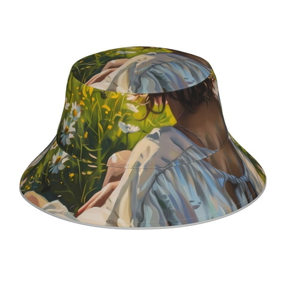 Honeii Girl In Field Of Daisies for Unisex Bucket Hat Waterproof Rain Hat Reversible Shiny Rave Bucket Hat for Concert Festival Boonie Cap