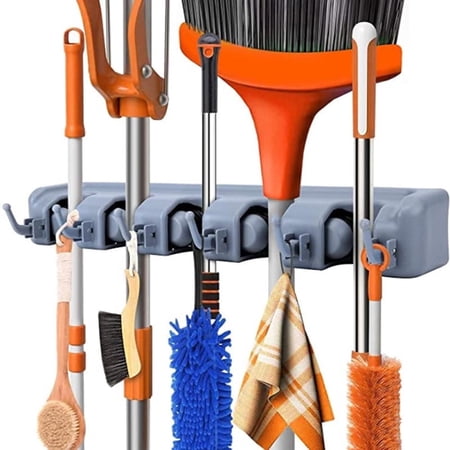 Broom Mop Holder Wall Mount 16" Wall Tool Organizer 5 Slots 6 Hooks Plastic