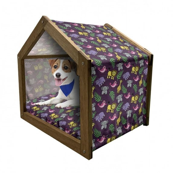 Funny Pet House, Funny Cartoon Style Jungle Animals Palm Leaves on Purple Background Savannah Theme, Outdoor & Indoor Portable Dog Kennel with Pillow and Cover, 5 Sizes, Multicolor, by Ambesonne