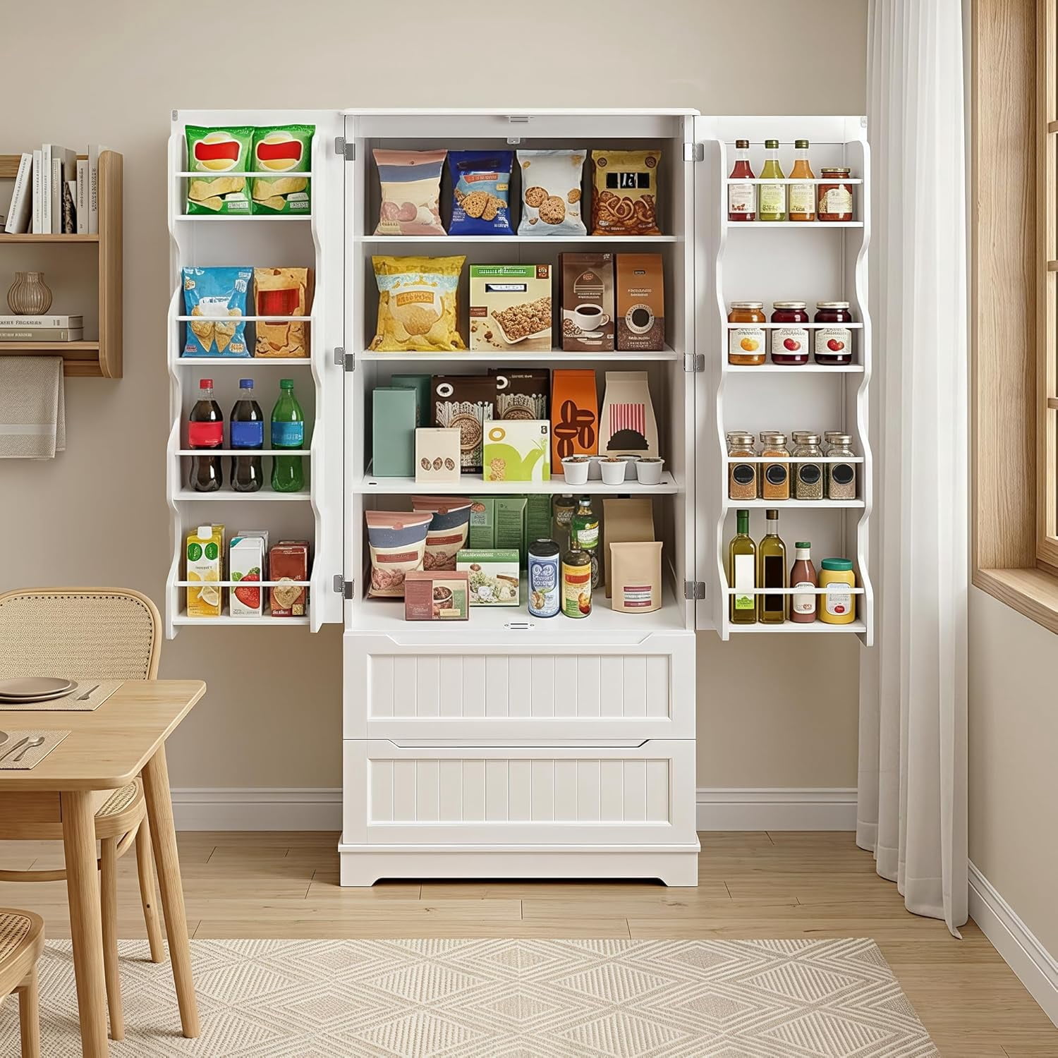 71" Tall Kitchen Pantry Cabinet with Drawers for Dining Room, Noelse Food Pantry Storage Cabinet with 8 Door Shelves for Snack and Spice, Large Craft Storage Cabinet for Craft Room, White, Painted