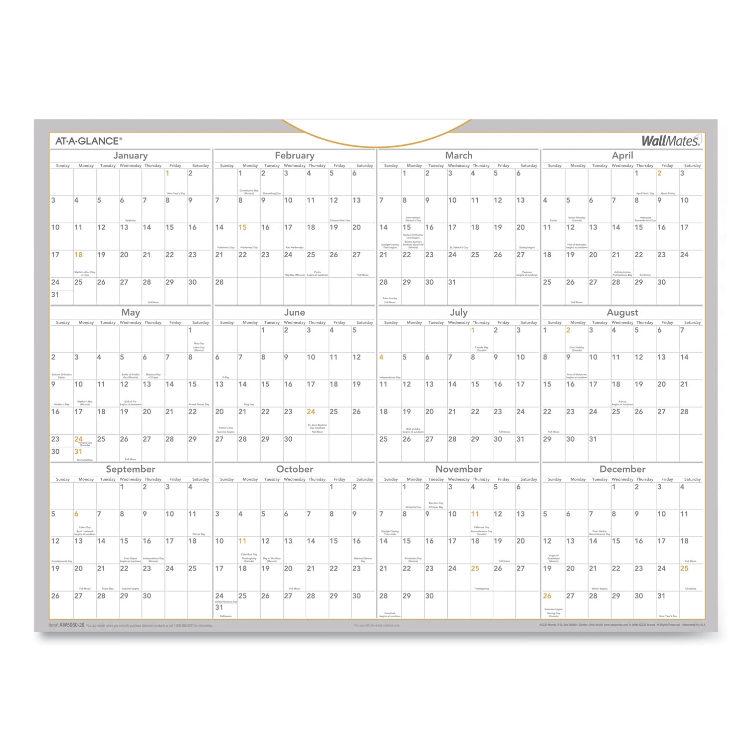 At-a-glance Wallmates Self-adhesive Dry Erase Monthly Planning Surface, 24 X 18