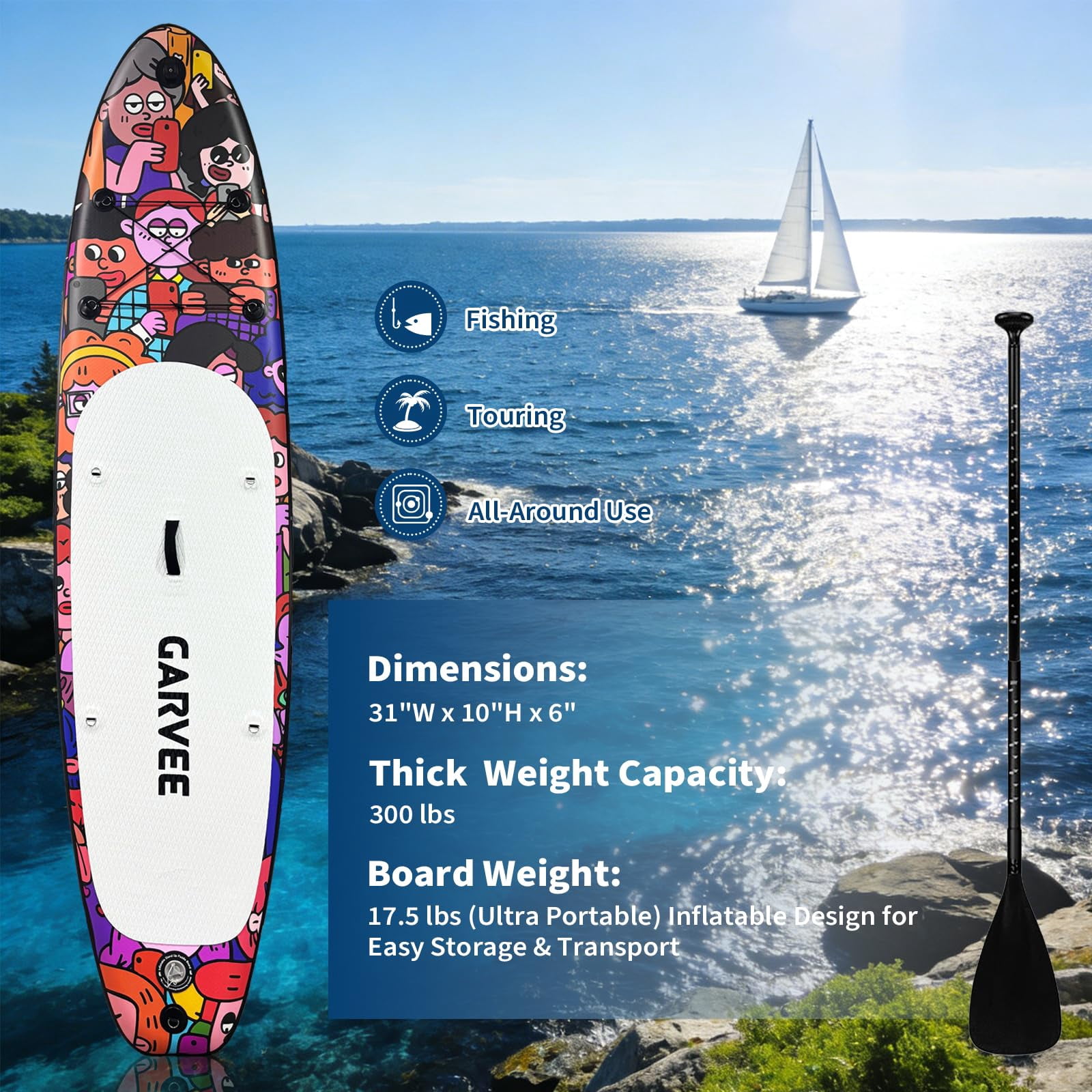 Garvee Inflatable Stand Up Paddle Board 10'6" for Adults, Wide Stable Paddle Boards Set with Paddle, High-Speed Electric Pump, Hand Pump, Soft Seat, Camera Mount, Waterproof Phone Pouch, Fins