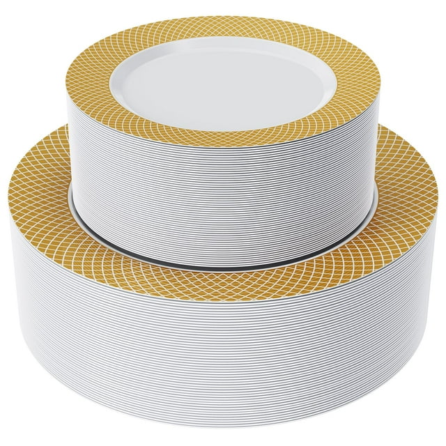 FOCUSLINE Gold Plastic Plates Set of 102, Disposable Plates with Gold Grid Rim 51 Dinner Plates 10" and 51 Salad Dessert Appetizer Plates 7", Elegant Fancy Heavy Duty Wedding Party Plates