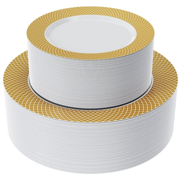 FOCUSLINE Gold Plastic Plates Set of 102, Disposable Plates with Gold Grid Rim 51 Dinner Plates 10" and 51 Salad Dessert Appetizer Plates 7", Elegant Fancy Heavy Duty Wedding Party Plates
